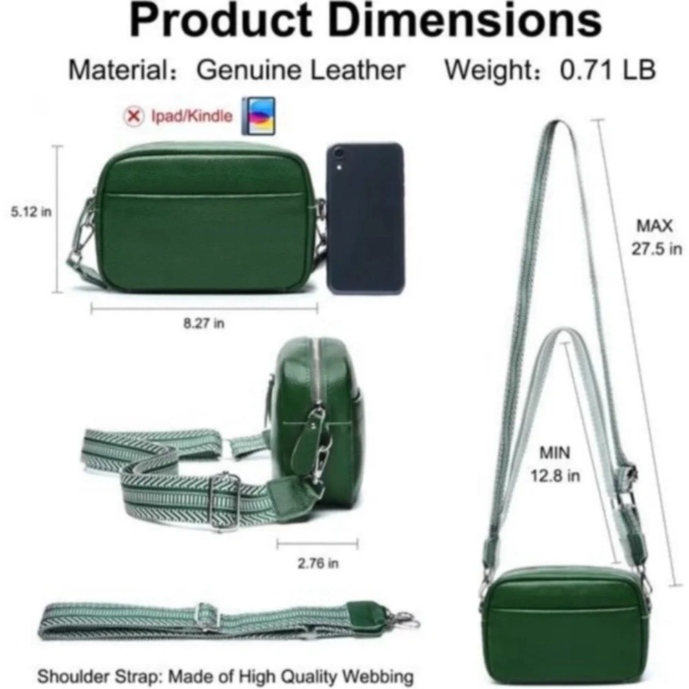 Small Crossbody Bags Genuine Leather, Green new - Picture 5 of 7
